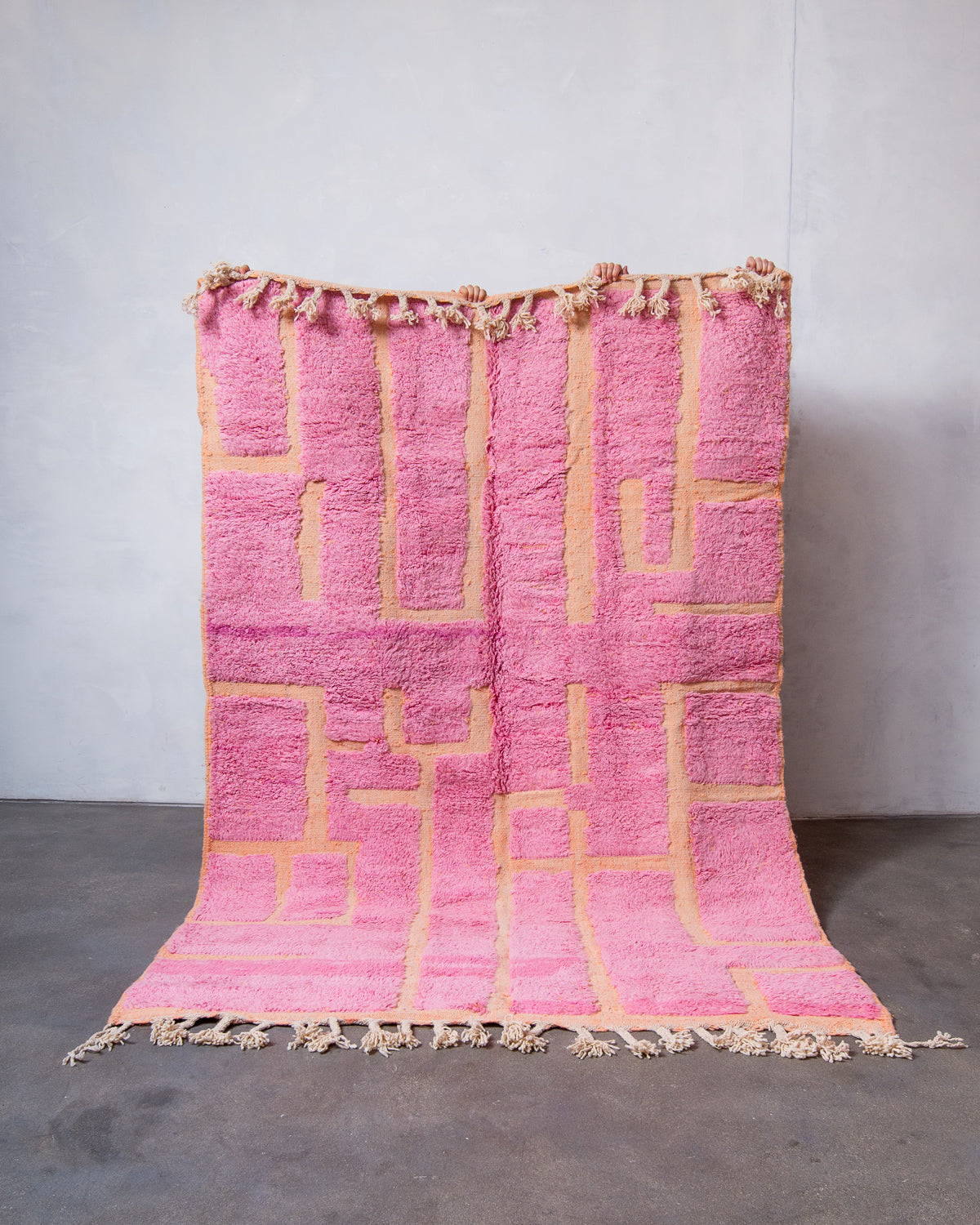 Modern, designer, handcrafted Berber rug from Morocco. Beniourain carpet with beautiful colours and patterns and fluffy wool texture.